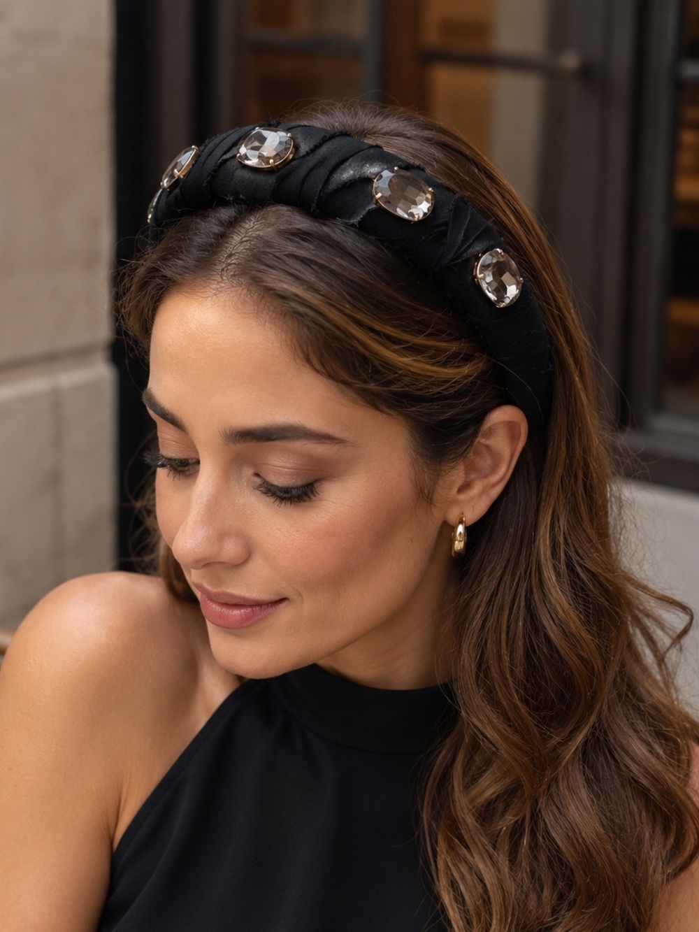 Brooks Black Knotted Padded Headband with Large Faceted Gems